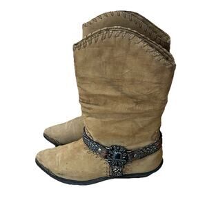 Zodiac Tan Suede Western Ankle Boots Concho Harness Boho Festival Size 7 -